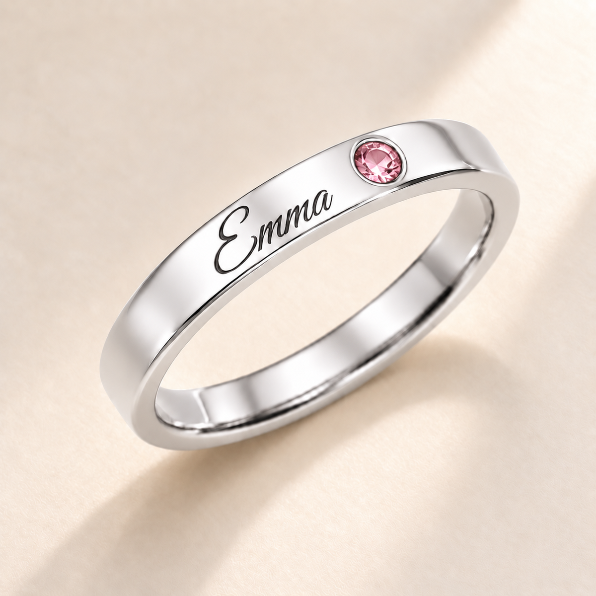 Name Ring with Birthstone (Classic Band) variant photo - silver october birthstone and Emma engraving Anthology Jewelry