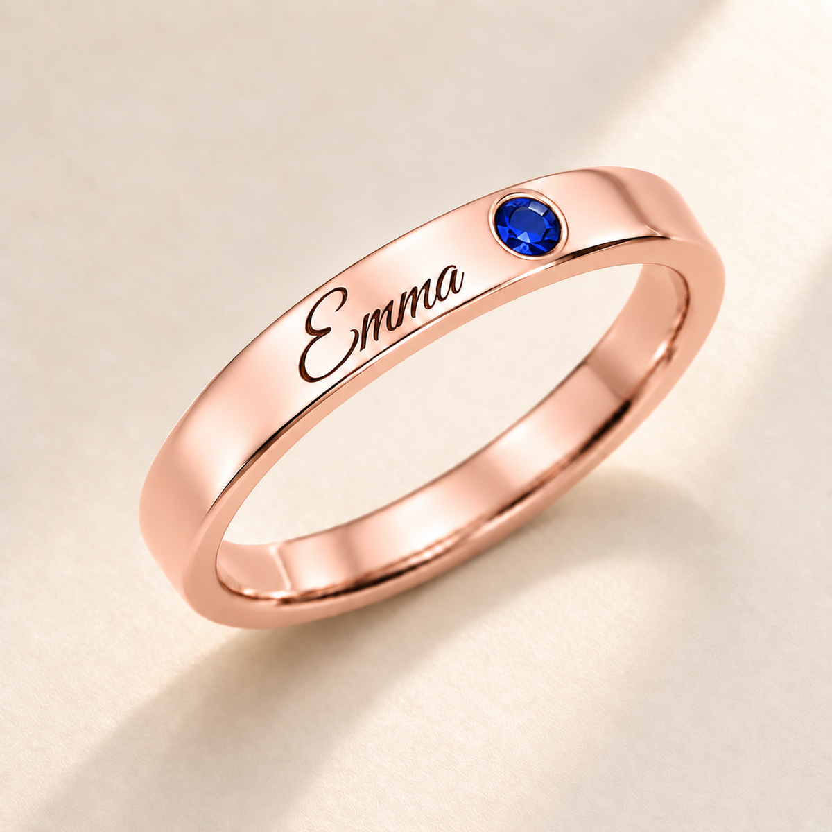 Name Ring with Birthstone (Classic Band) variant photo - rose gold september birthstone and Emma engraving Anthology Jewelry