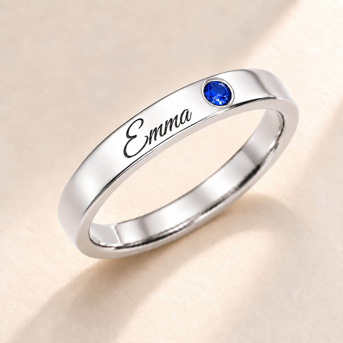 Name Ring with Birthstone (Classic Band) variant photo - silver september birthstone and Emma engraving Anthology Jewelry