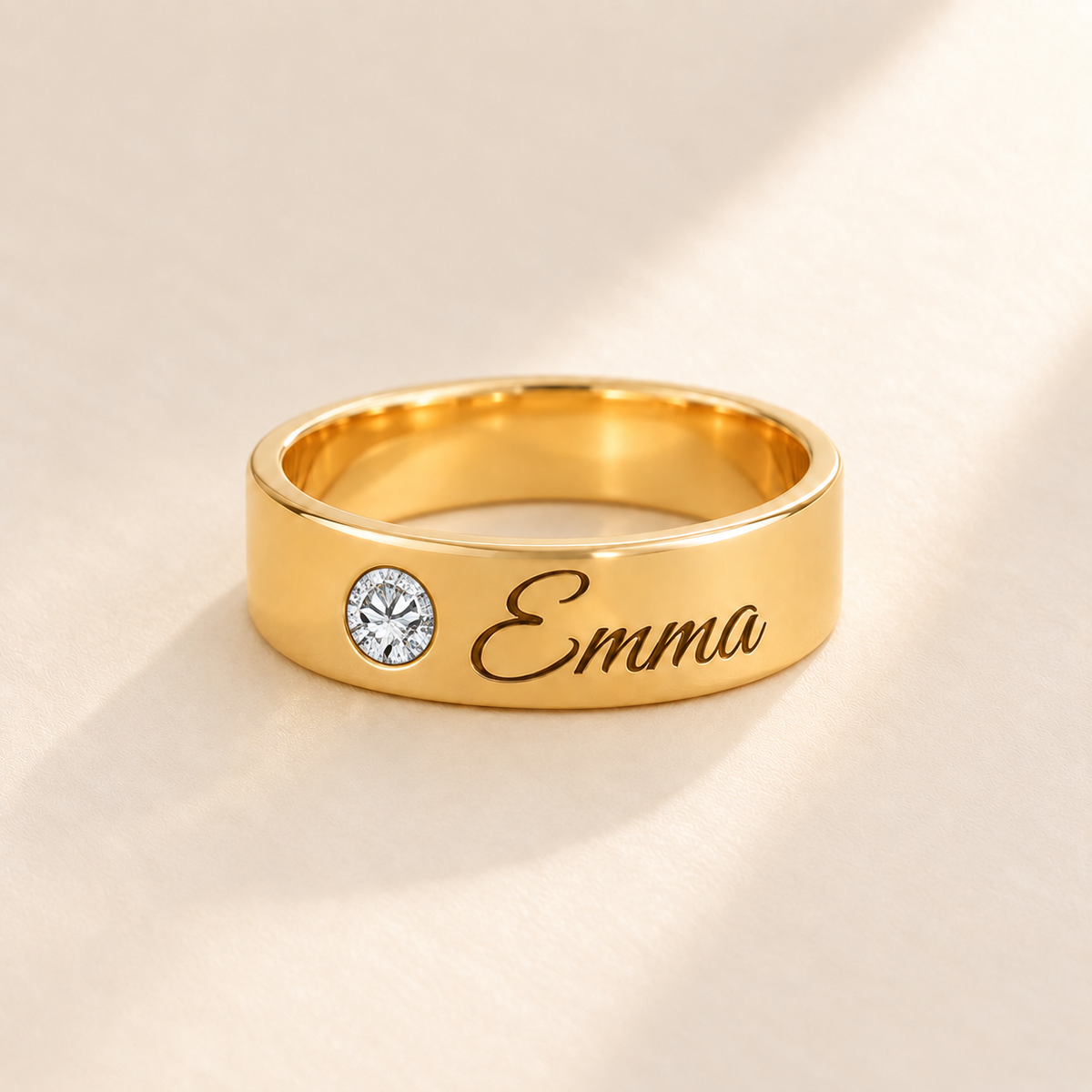 Custom Wide Band Name Ring with Birthstone variant photo - gold April Diamond birthstone and Emma engraving Anthology Jewelry