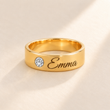 Custom Wide Band Name Ring with Birthstone variant photo - gold April Diamond birthstone and Emma engraving Anthology Jewelry