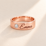 Custom Wide Band Name Ring with Birthstone variant photo - rose gold April Diamond birthstone and Emma engraving Anthology Jewelry