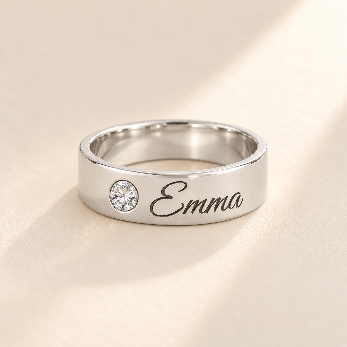 Custom Wide Band Name Ring with Birthstone variant photo - silver April Diamond birthstone and Emma engraving Anthology Jewelry
