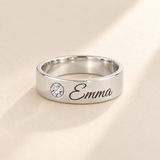 Custom Wide Band Name Ring with Birthstone variant photo - silver April Diamond birthstone and Emma engraving Anthology Jewelry