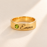 Custom Wide Band Name Ring with Birthstone variant photo - gold August Peridot birthstone and Emma engraving Anthology Jewelry