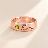 Custom Wide Band Name Ring with Birthstone variant photo - rose gold August Peridot birthstone and Emma engraving Anthology Jewelry