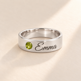 Custom Wide Band Name Ring with Birthstone variant photo - silver August Peridot birthstone and Emma engraving Anthology Jewelry