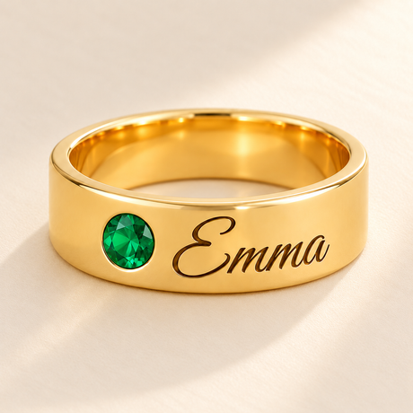 Custom Wide Band Name Ring with Birthstone detail photo - gold Emma engraving and May emerald closeup of the 8 mm wide band Anthology Jewelry