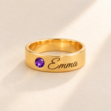 Custom Wide Band Name Ring with Birthstone variant photo - gold February Amethyst birthstone and Emma engraving Anthology Jewelry