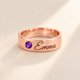 Custom Wide Band Name Ring with Birthstone variant photo - rose gold February Amethyst birthstone and Emma engraving Anthology Jewelry