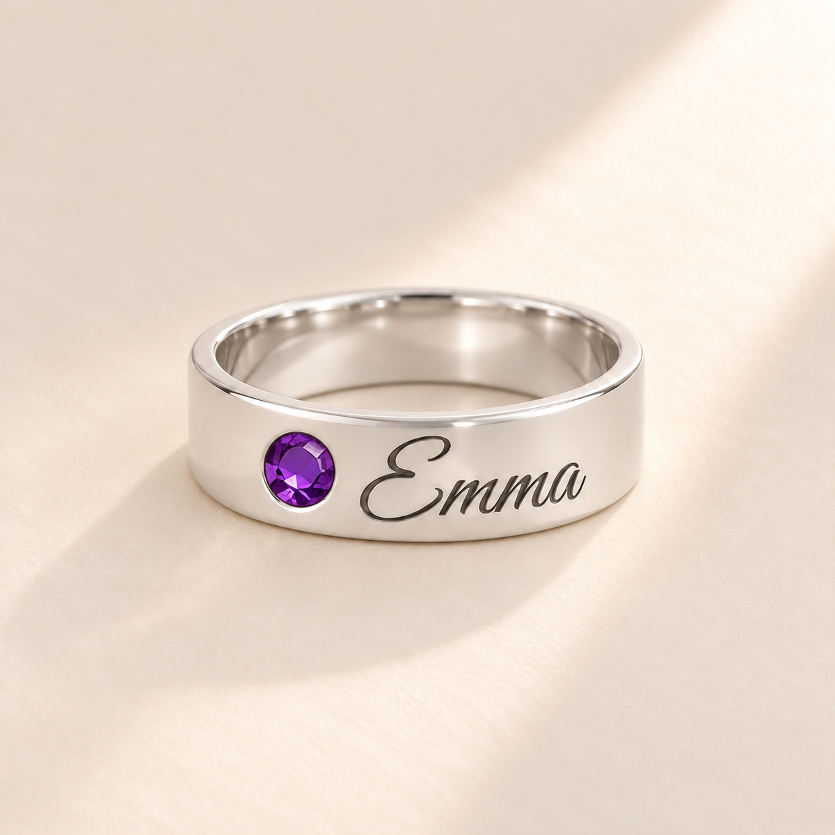 Custom Wide Band Name Ring with Birthstone variant photo - silver February Amethyst birthstone and Emma engraving Anthology Jewelry