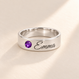 Custom Wide Band Name Ring with Birthstone variant photo - silver February Amethyst birthstone and Emma engraving Anthology Jewelry