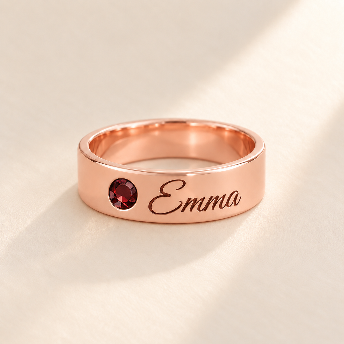 Custom Wide Band Name Ring with Birthstone variant photo - rose gold January Garnet birthstone and Emma engraving Anthology Jewelry