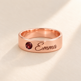 Custom Wide Band Name Ring with Birthstone variant photo - rose gold January Garnet birthstone and Emma engraving Anthology Jewelry