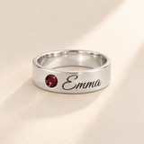 Custom Wide Band Name Ring with Birthstone variant photo - silver January Garnet birthstone and Emma engraving Anthology Jewelry