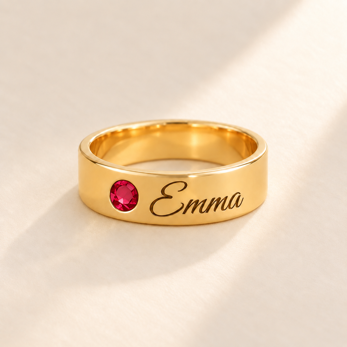 Custom Wide Band Name Ring with Birthstone variant photo - gold July Ruby birthstone and Emma engraving Anthology Jewelry
