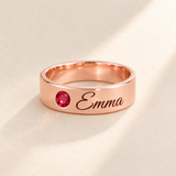 Custom Wide Band Name Ring with Birthstone variant photo - rose gold July Ruby birthstone and Emma engraving Anthology Jewelry