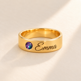 Custom Wide Band Name Ring with Birthstone variant photo - gold June Alexandrite birthstone and Emma engraving Anthology Jewelry