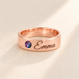 Custom Wide Band Name Ring with Birthstone variant photo - rose gold June Alexandrite birthstone and Emma engraving Anthology Jewelry