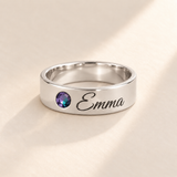 Custom Wide Band Name Ring with Birthstone variant photo - silver June Alexandrite birthstone and Emma engraving Anthology Jewelry