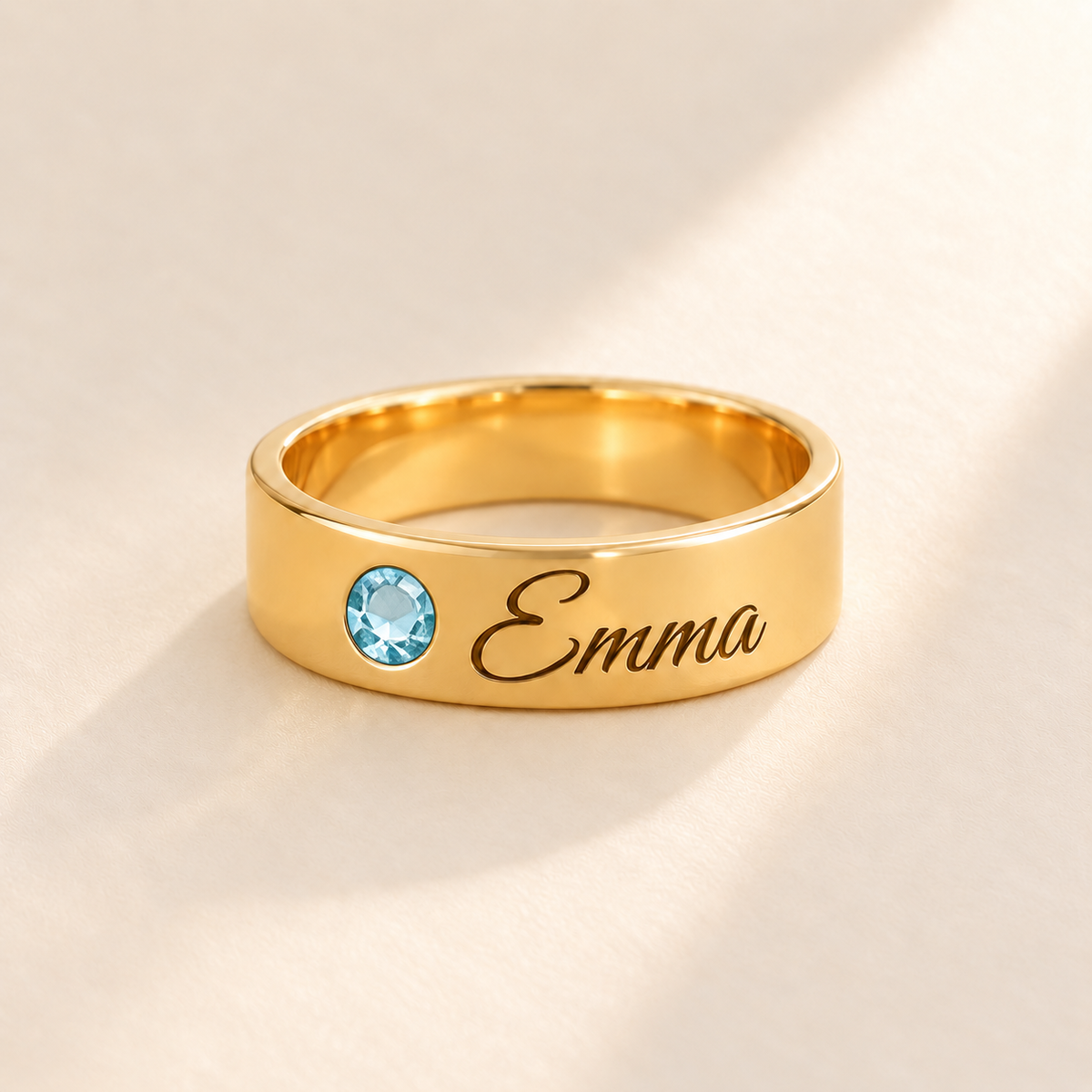 Custom Wide Band Name Ring with Birthstone variant photo - gold March Aquamarine birthstone and Emma engraving Anthology Jewelry