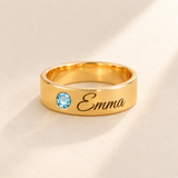 Custom Wide Band Name Ring with Birthstone variant photo - gold March Aquamarine birthstone and Emma engraving Anthology Jewelry