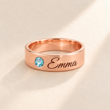 Custom Wide Band Name Ring with Birthstone variant photo - rose gold March Aquamarine birthstone and Emma engraving Anthology Jewelry