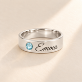 Custom Wide Band Name Ring with Birthstone variant photo - silver March Aquamarine birthstone and Emma engraving Anthology Jewelry