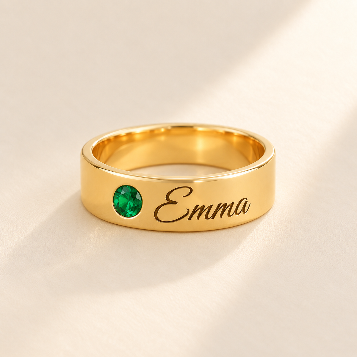 Custom Wide Band Name Ring with Birthstone variant photo - gold May emerald birthstone and Emma engraving Anthology Jewelry
