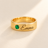 Custom Wide Band Name Ring with Birthstone variant photo - gold May emerald birthstone and Emma engraving Anthology Jewelry