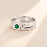 Custom Wide Band Name Ring with Birthstone variant photo - silver May Emerald birthstone and Emma engraving Anthology Jewelry