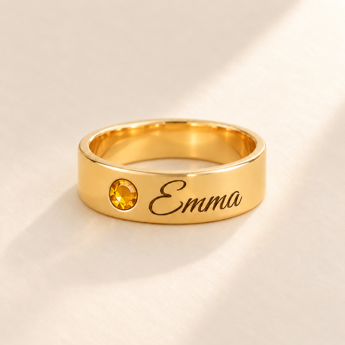 Custom Wide Band Name Ring with Birthstone variant photo - gold November Citrine birthstone and Emma engraving Anthology Jewelry