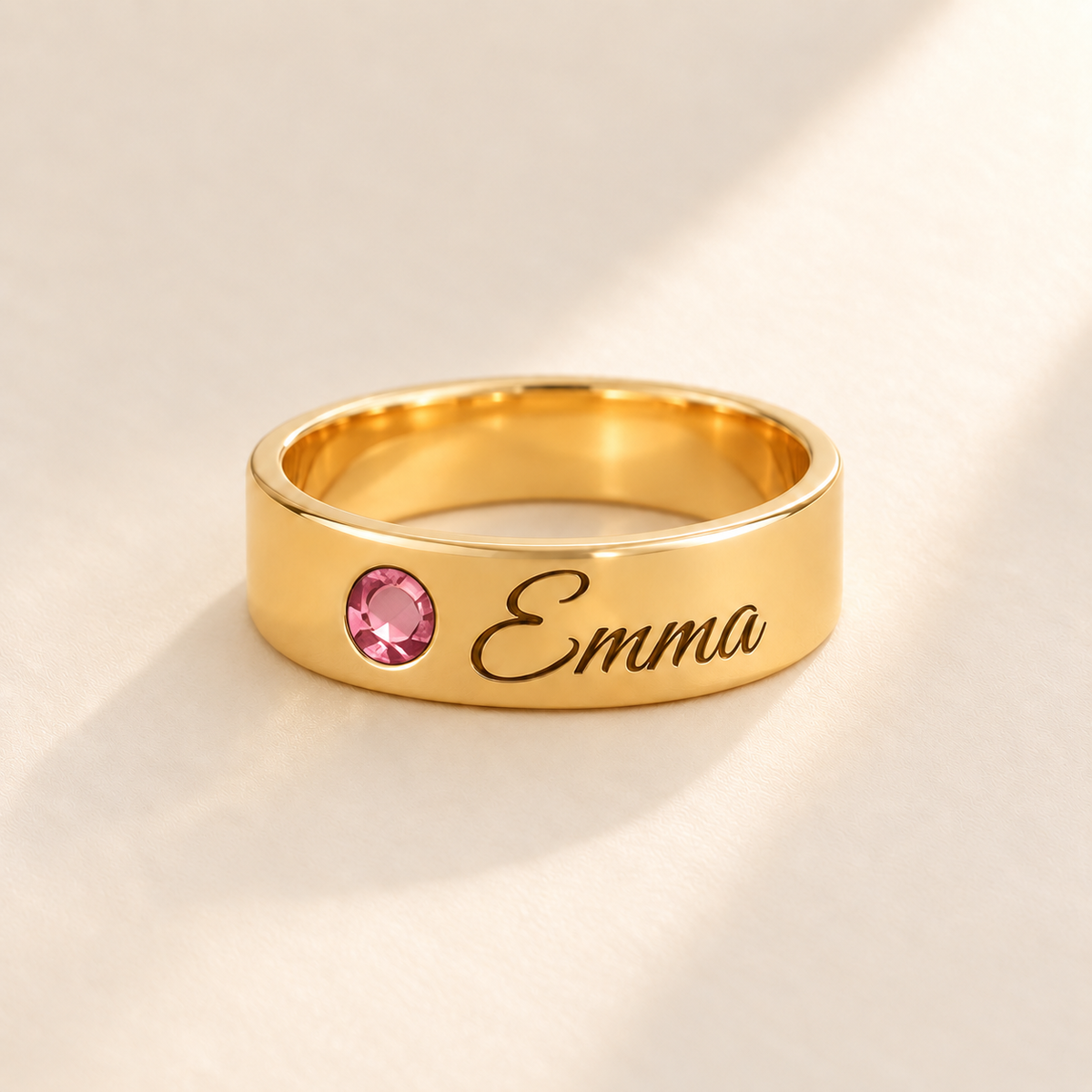 Custom Wide Band Name Ring with Birthstone variant photo - gold October Tourmaline birthstone and Emma engraving Anthology Jewelry