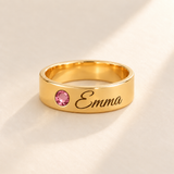Custom Wide Band Name Ring with Birthstone variant photo - gold October Tourmaline birthstone and Emma engraving Anthology Jewelry