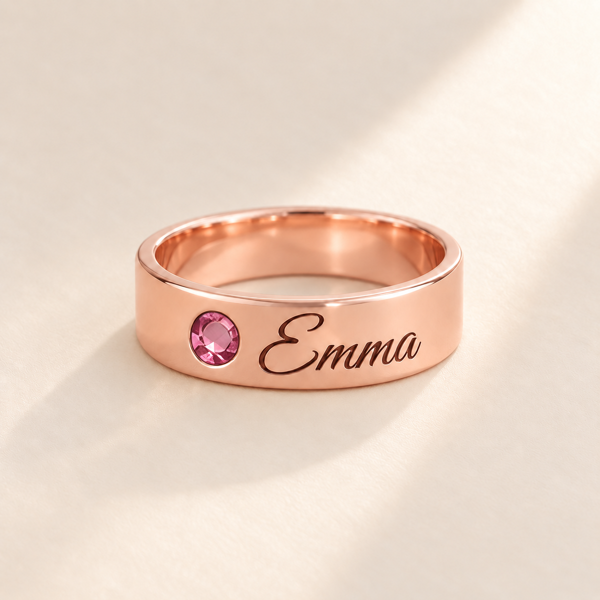 Custom Wide Band Name Ring with Birthstone variant photo - rose gold October Tourmaline birthstone and Emma engraving Anthology Jewelry