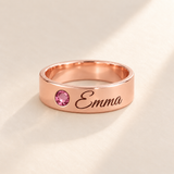 Custom Wide Band Name Ring with Birthstone variant photo - rose gold October Tourmaline birthstone and Emma engraving Anthology Jewelry