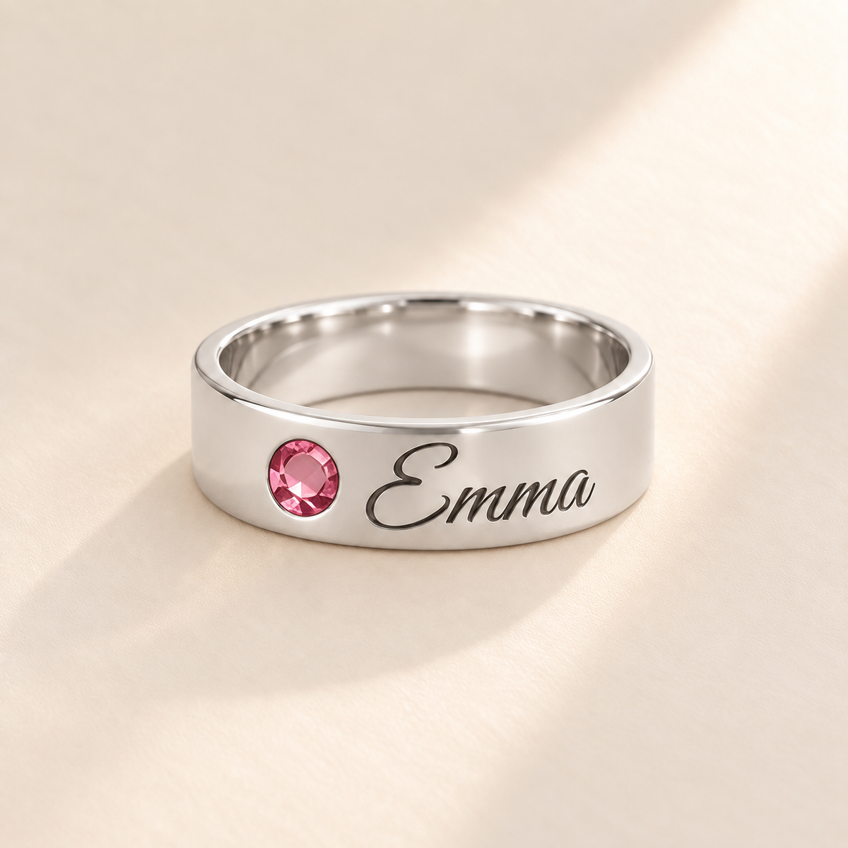 Custom Wide Band Name Ring with Birthstone variant photo - silver October Tourmaline birthstone and Emma engraving Anthology Jewelry