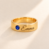 Custom Wide Band Name Ring with Birthstone variant photo - gold September Sapphire birthstone and Emma engraving Anthology Jewelry