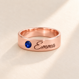 Custom Wide Band Name Ring with Birthstone variant photo - rose gold September Sapphire birthstone and Emma engraving Anthology Jewelry