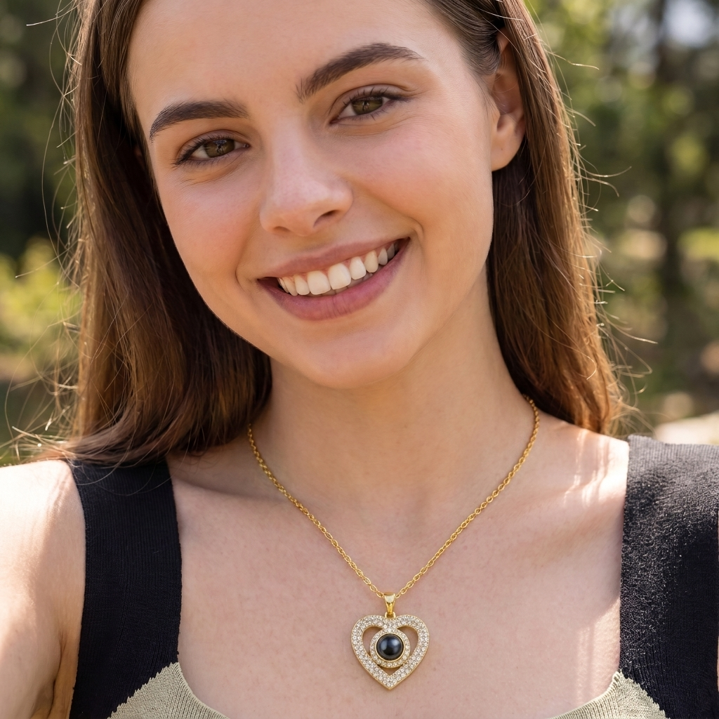 Pavé Halo Photo Heart Necklace UGC photo - candid outdoor photo wearing gold pave heart pendant Anthology Jewelry