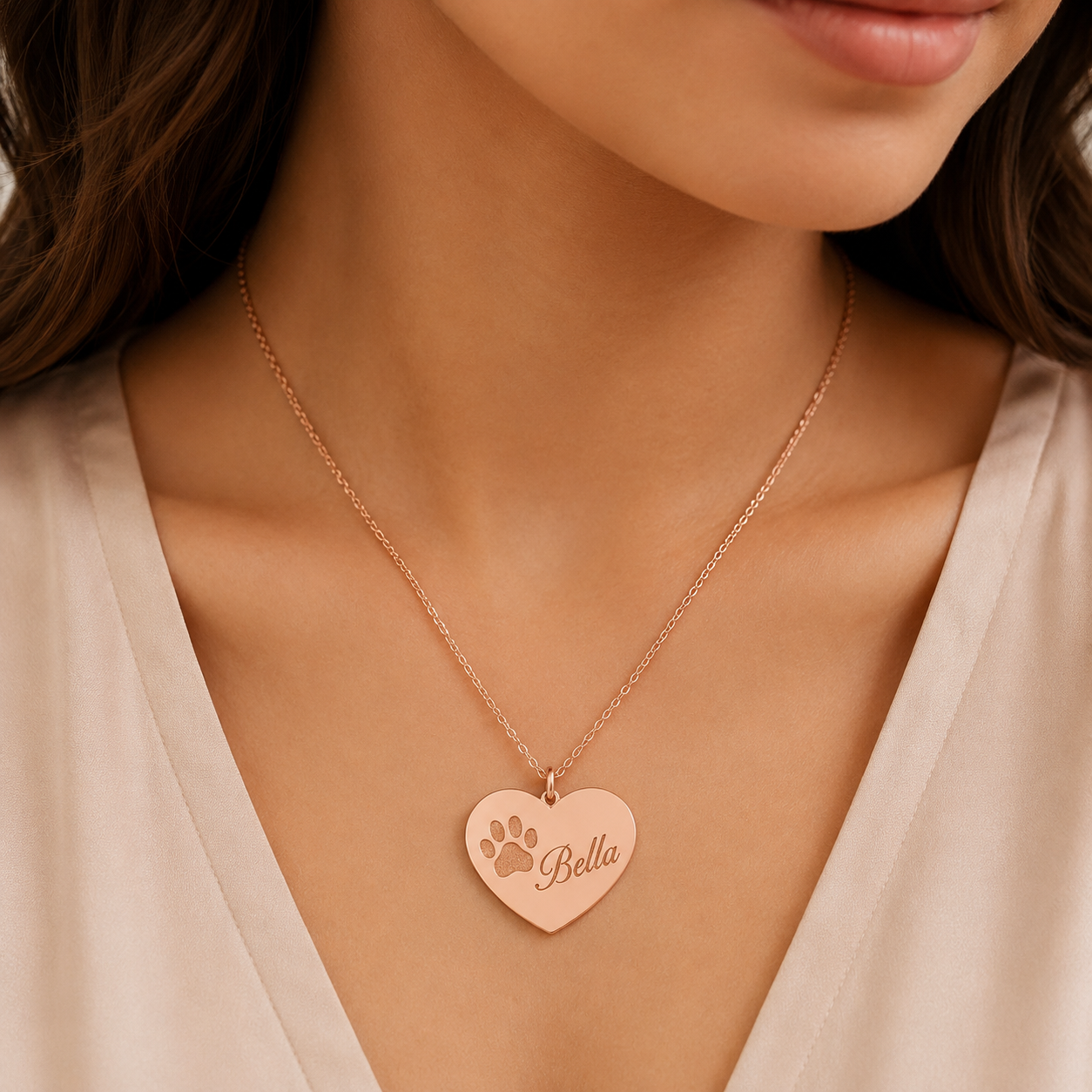 Paw print heart necklace 14k gold - personalized pet memorial luxury pendant