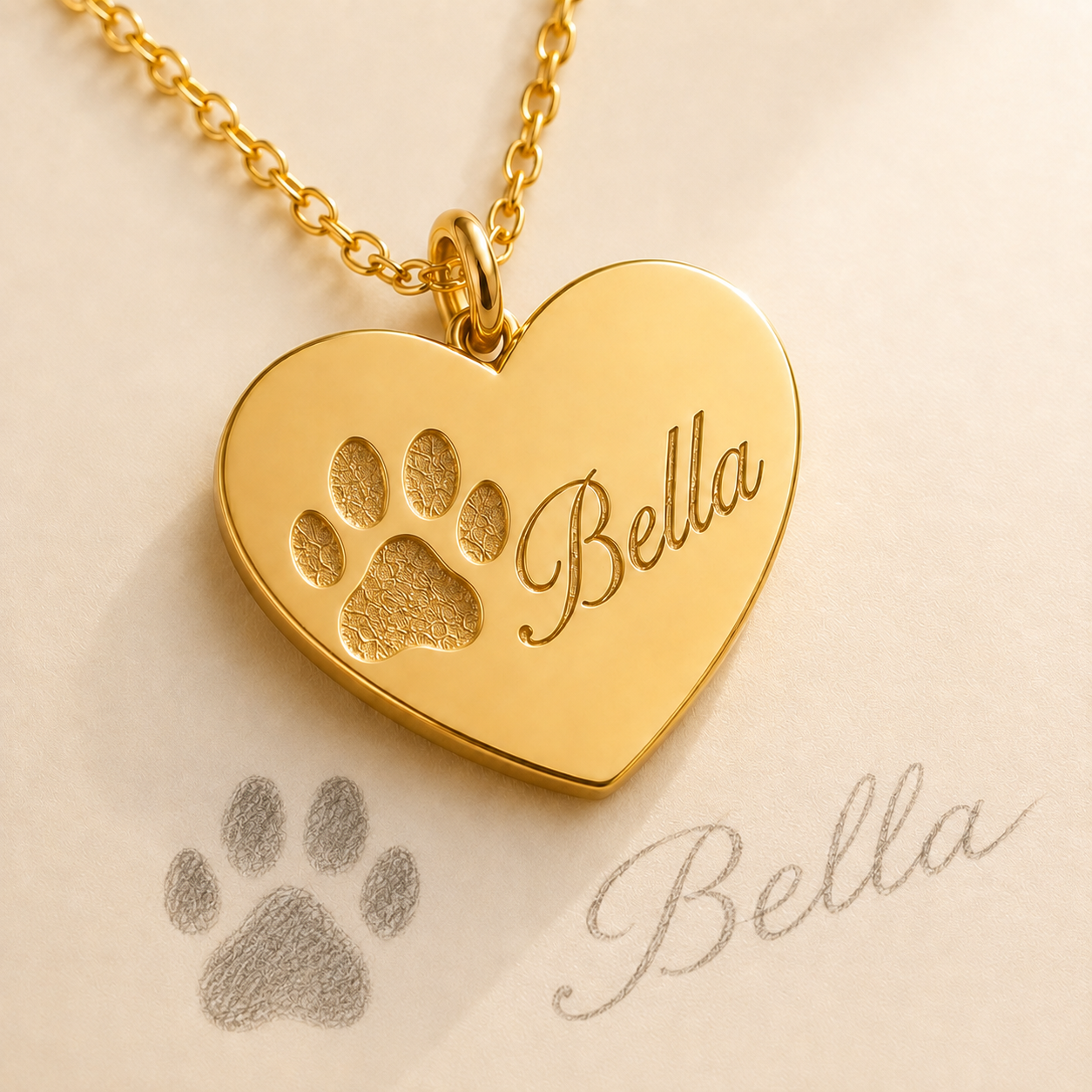 Paw Print Heart Necklace worn lifestyle photo - personalized pet memorial pendant Anthology Jewelry