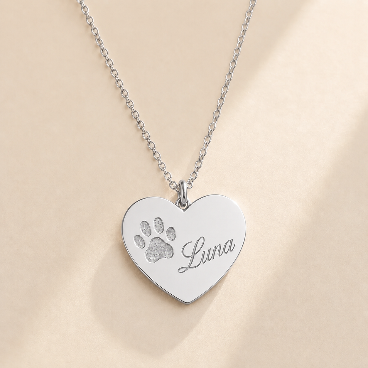 Paw Print Heart Necklace close up detail - personalized pet memorial pendant Anthology Jewelry