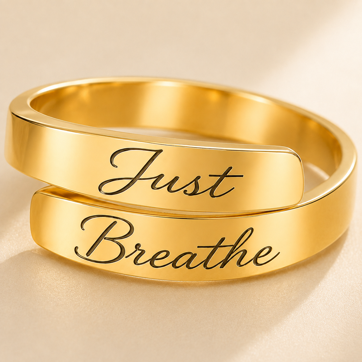 Personalized Message Ring worn lifestyle photo - custom engraved cuff band Anthology Jewelry