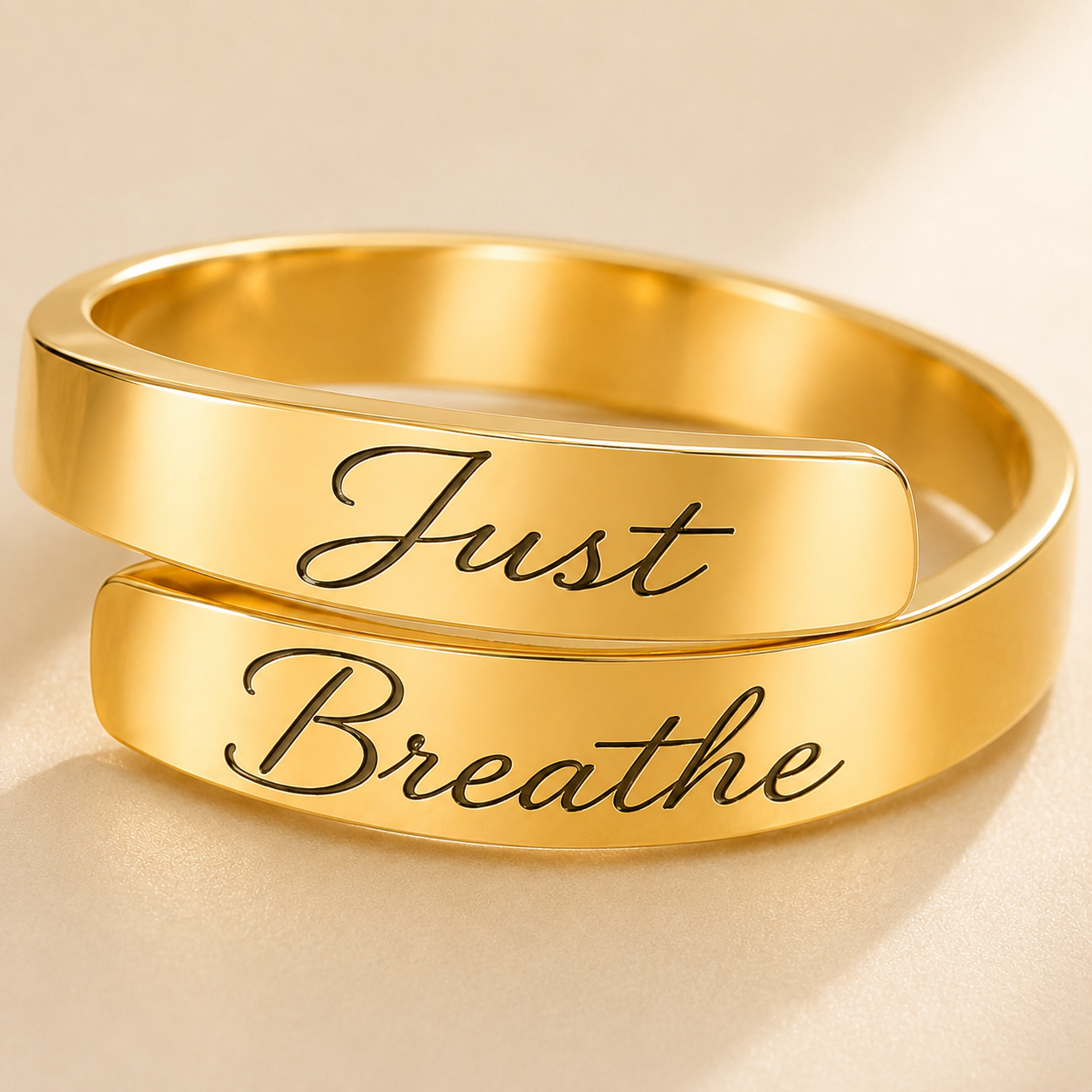 Personalized Message Ring worn lifestyle photo - custom engraved cuff band Anthology Jewelry