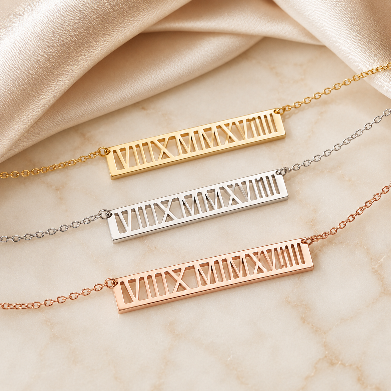 Roman numeral bar necklace 14k gold - personalized date luxury pendant