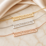 Roman numeral bar necklace 14k gold - personalized date luxury pendant