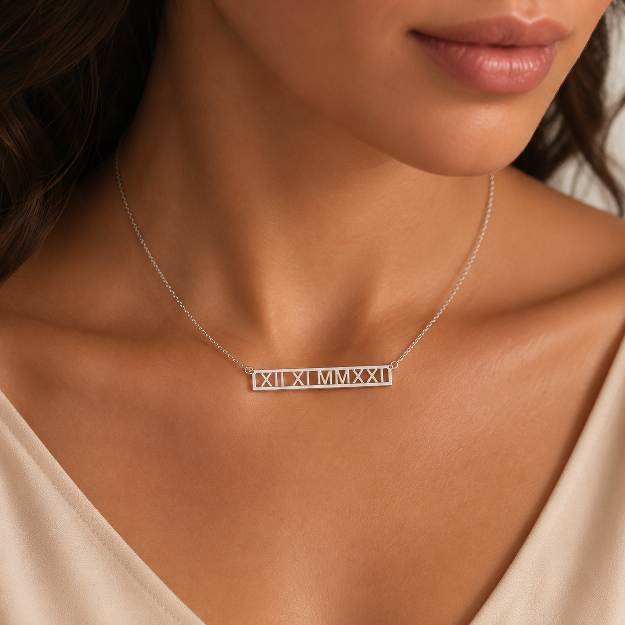 Roman numeral bar necklace silver - personalized date pendant jewelry gift
