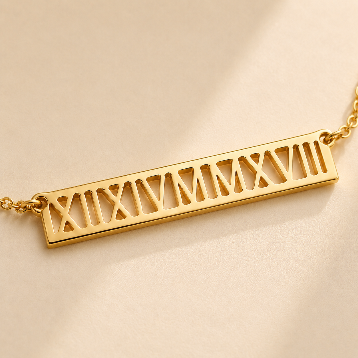 Roman numeral bar necklace lifestyle - custom date pendant gift Anthology Jewelry