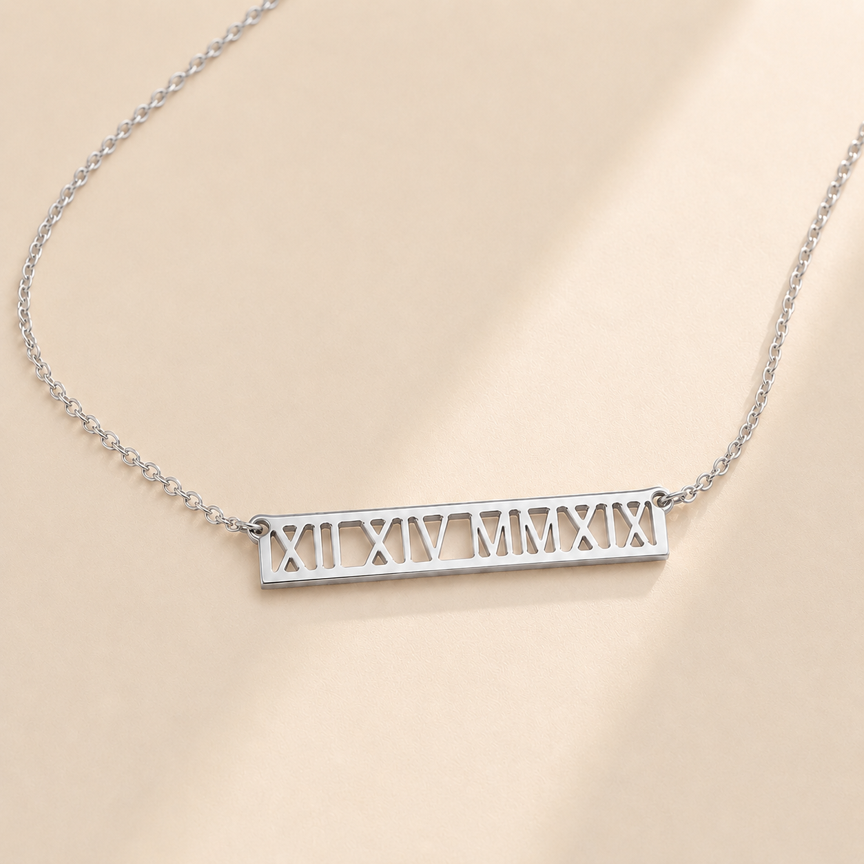 Roman numeral bar necklace styled - anniversary date necklace Anthology Jewelry